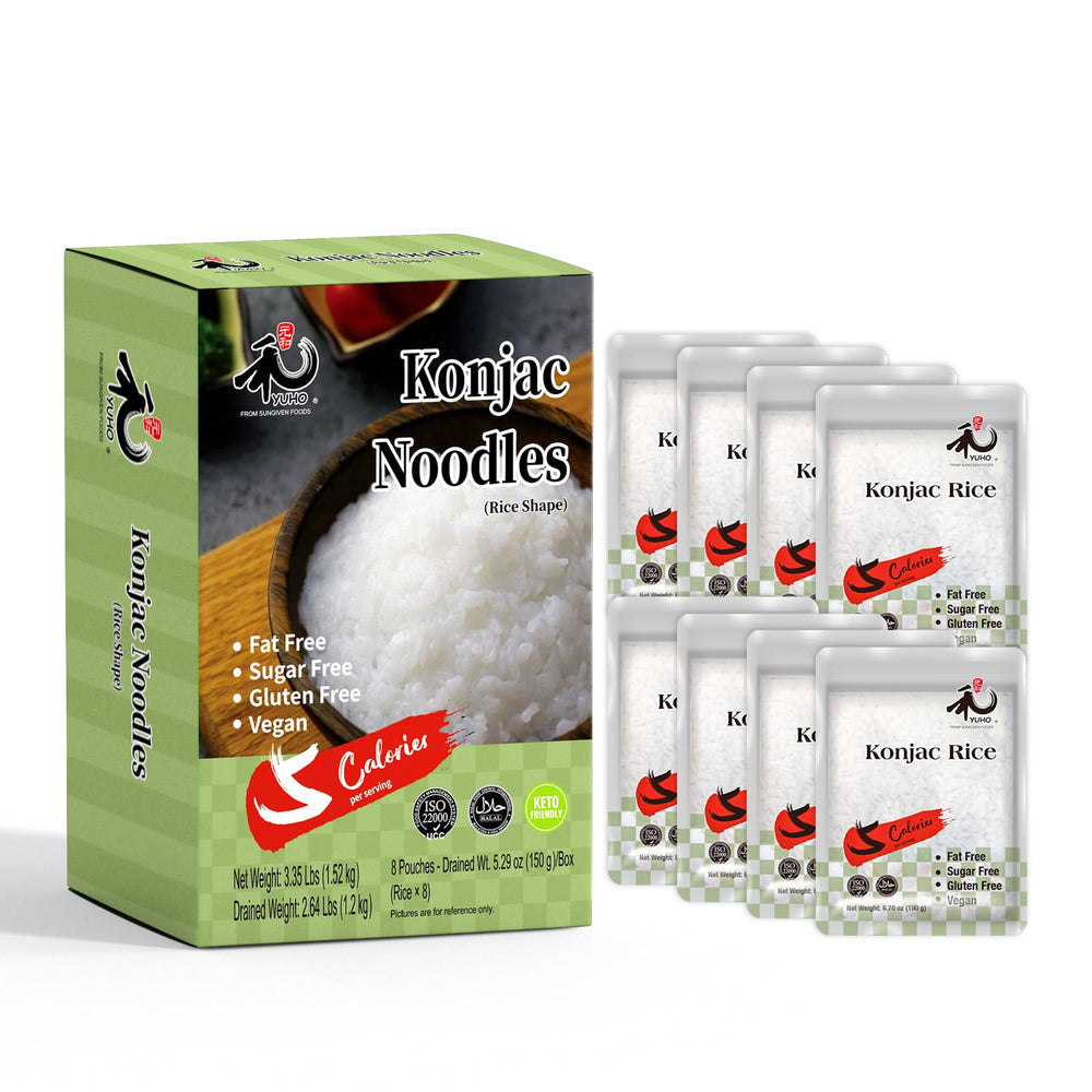 YUHO Shirataki Konjac noodles pack showing gluten‑free, low‑calorie base for meals