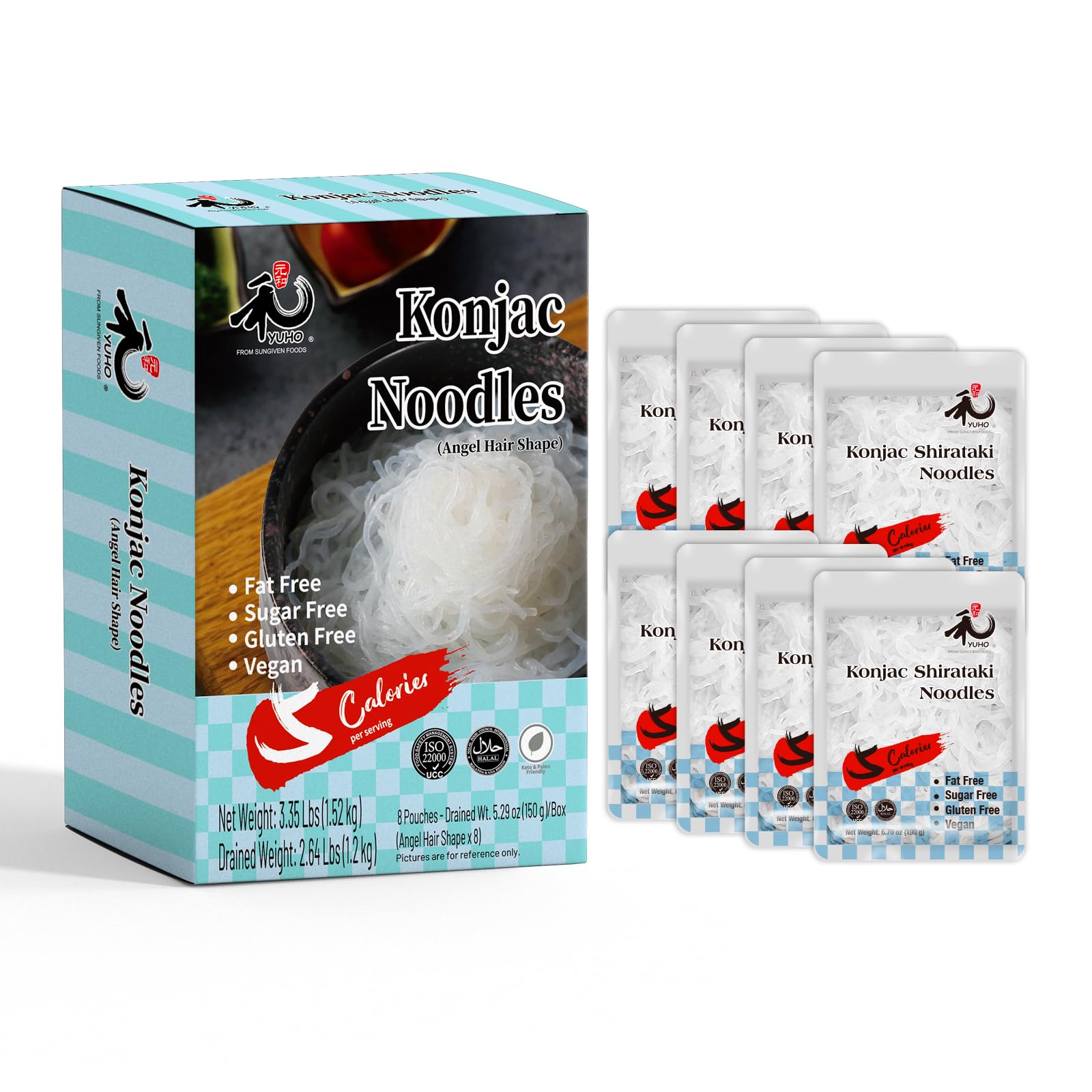 YUHO Shirataki angel hair pack shows a low-calorie, plant-based pasta substitute.