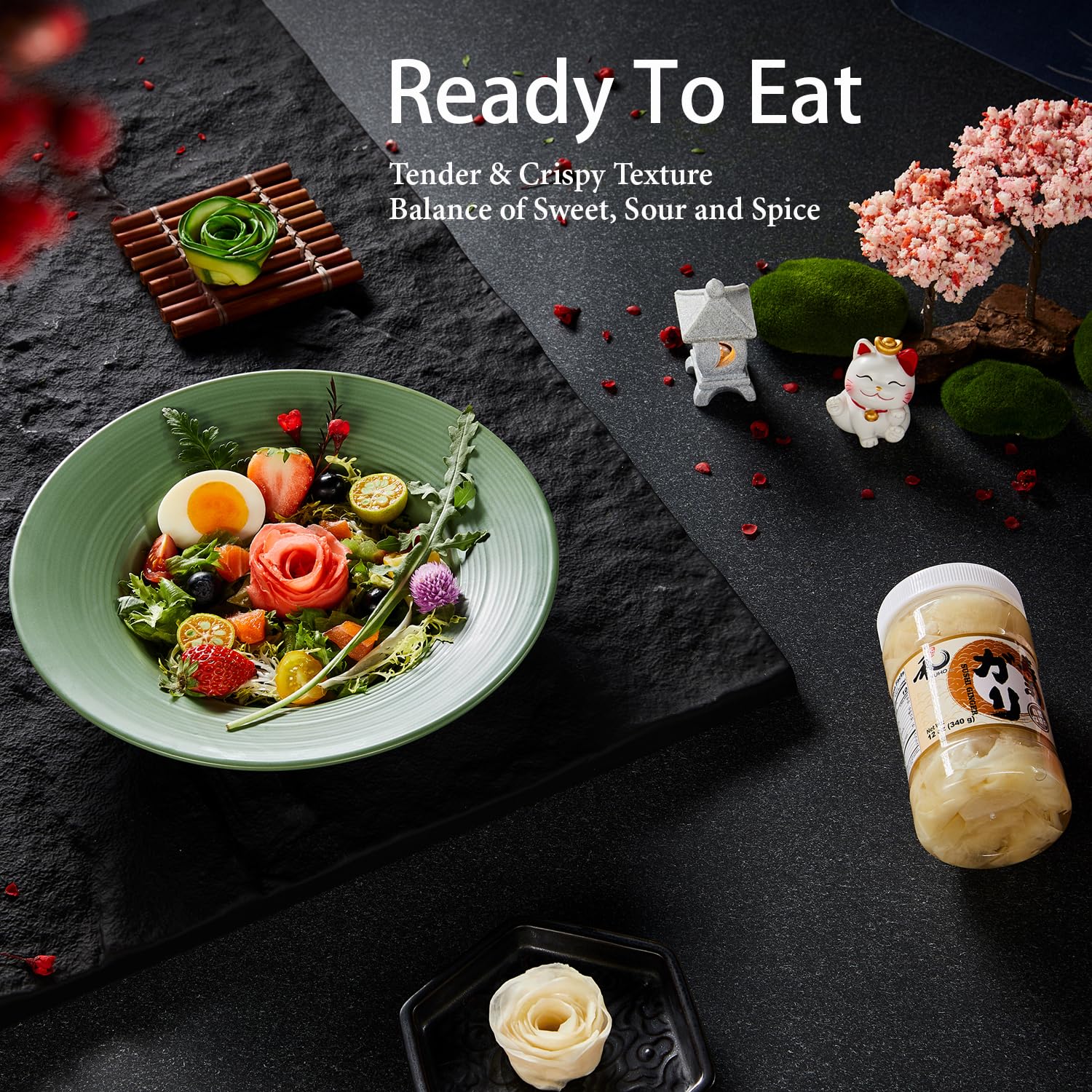 YUHO sushi ginger enhances sashimi pairing with a delicate sweetness.