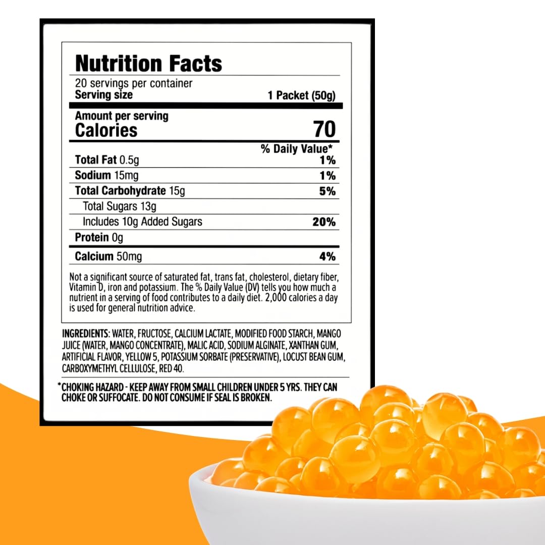 Close-up of YULU FOODS mango popping boba pearls showing juicy center