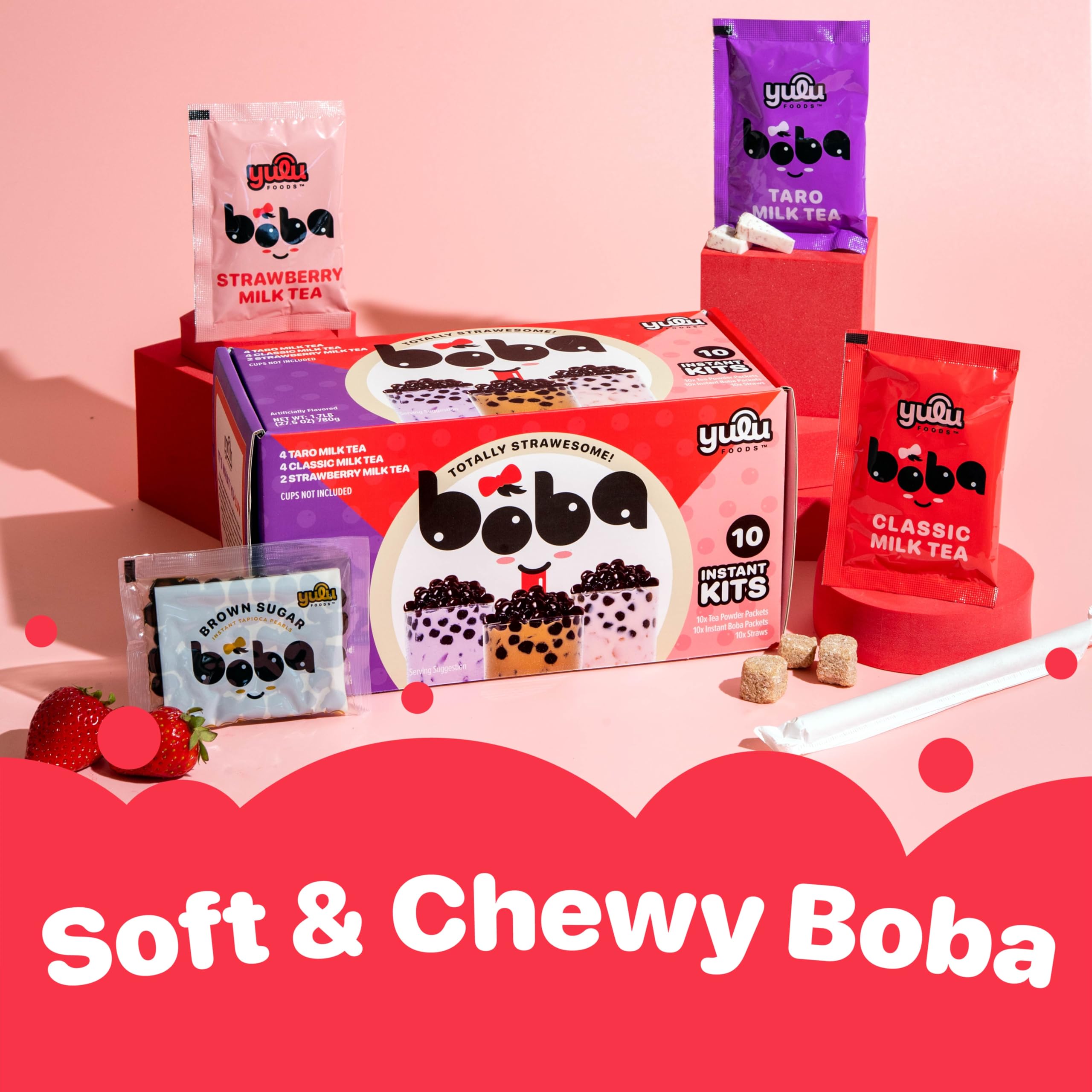Milk tea packet varieties including classic taro and strawberry flavors