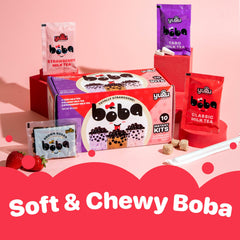 Milk tea packet varieties including classic taro and strawberry flavors