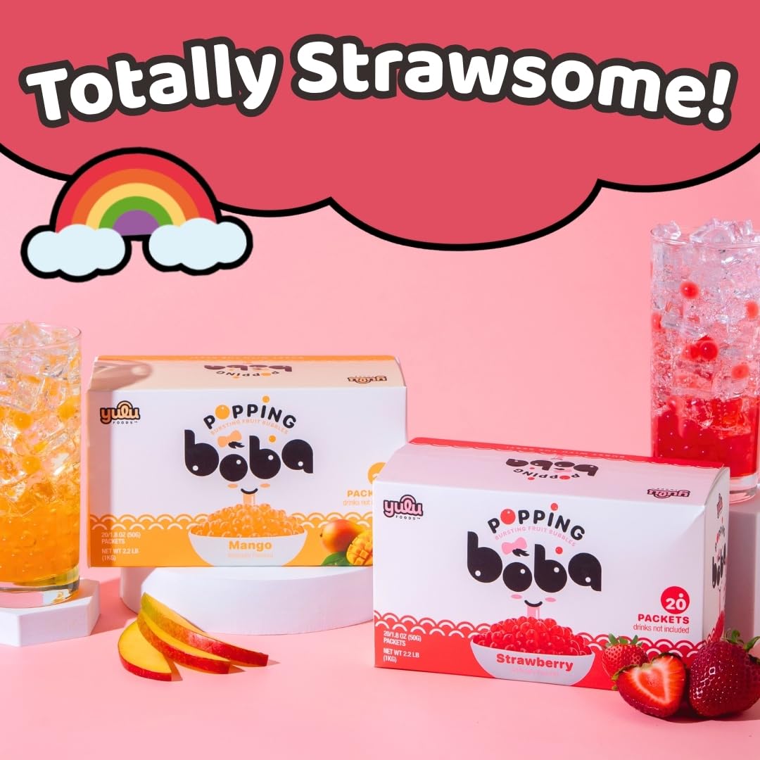 YULU FOODS strawberry popping boba pearls gift-ready packaging for celebrations.