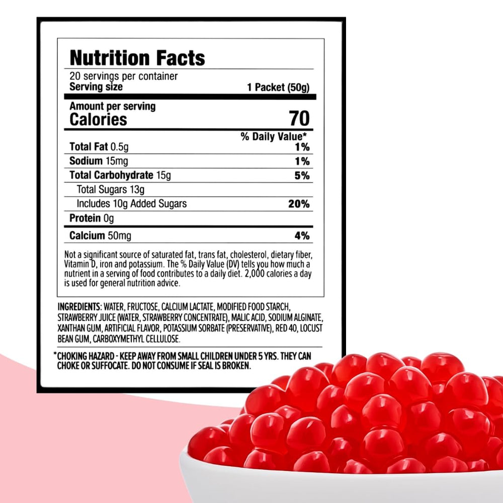 YULU FOODS strawberry popping boba pearls opened container for quick snack use.