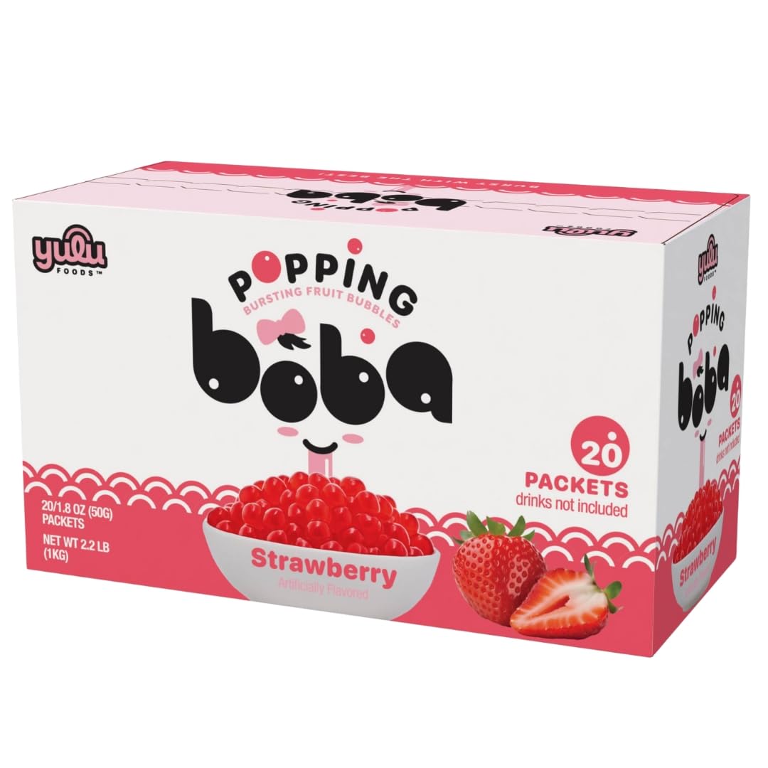YULU FOODS strawberry popping boba pearls in a ready-to-eat pack for desserts.