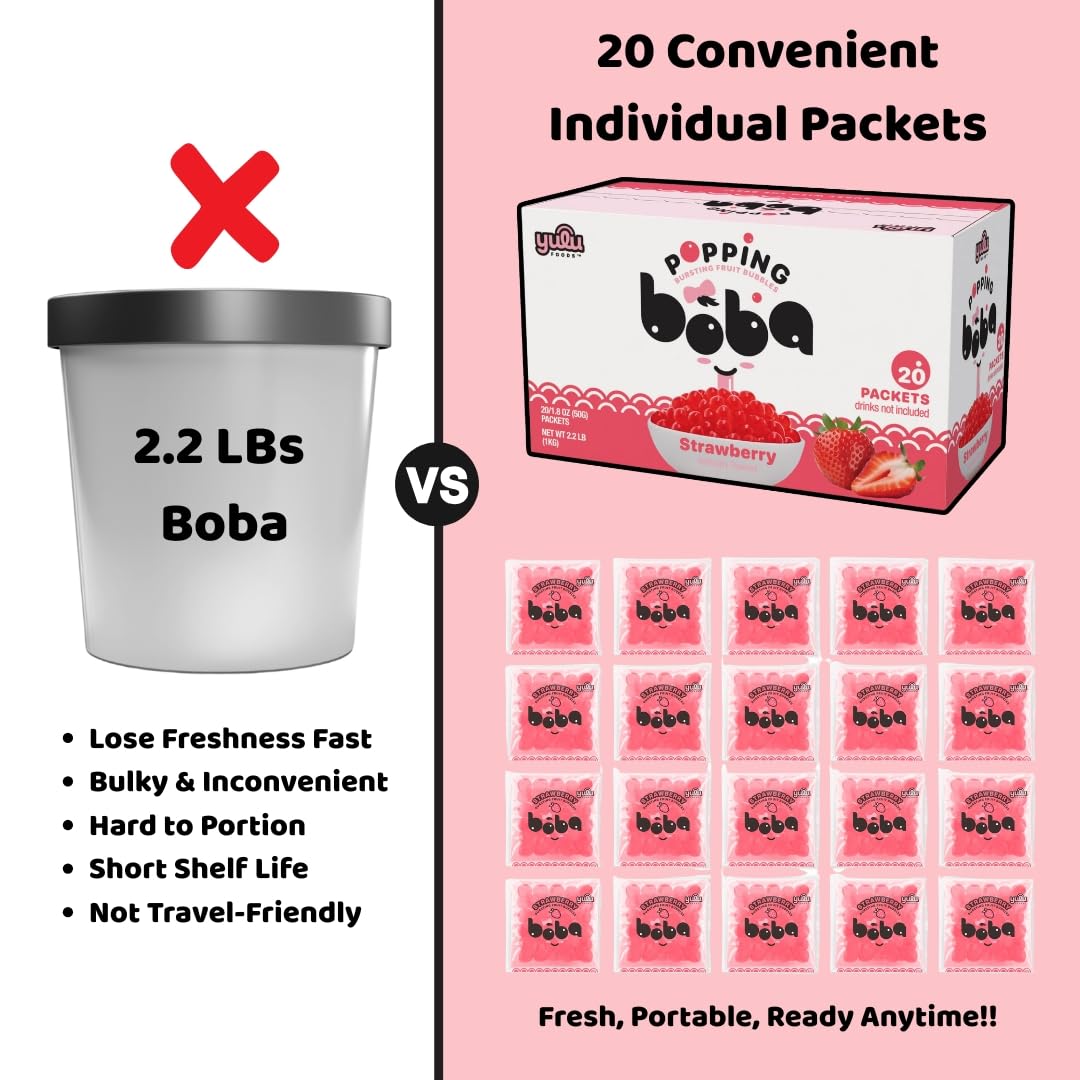YULU FOODS strawberry popping boba pearls stirred into tea for a bright pop.