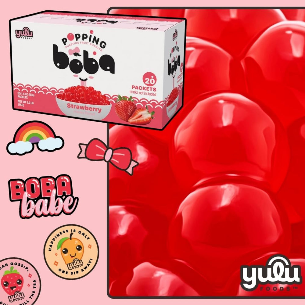 YULU FOODS strawberry popping boba pearls as a yogurt topping and treat idea.