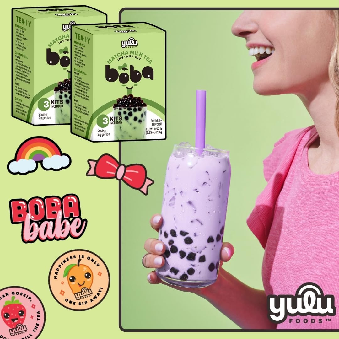 Three-serving YULU FOODS kit with matcha milk tea and straws