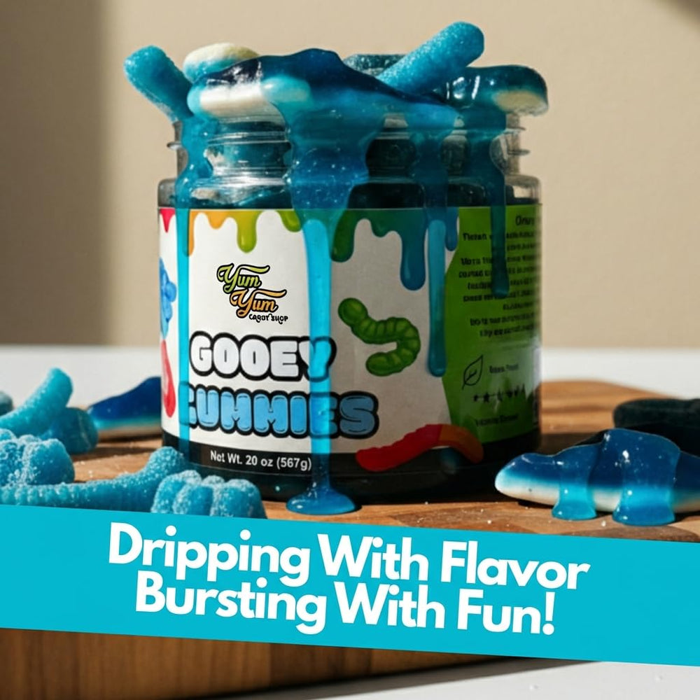 Blue raspberry goo coats Yum Yum Delights gummies for tangy twists at gatherings