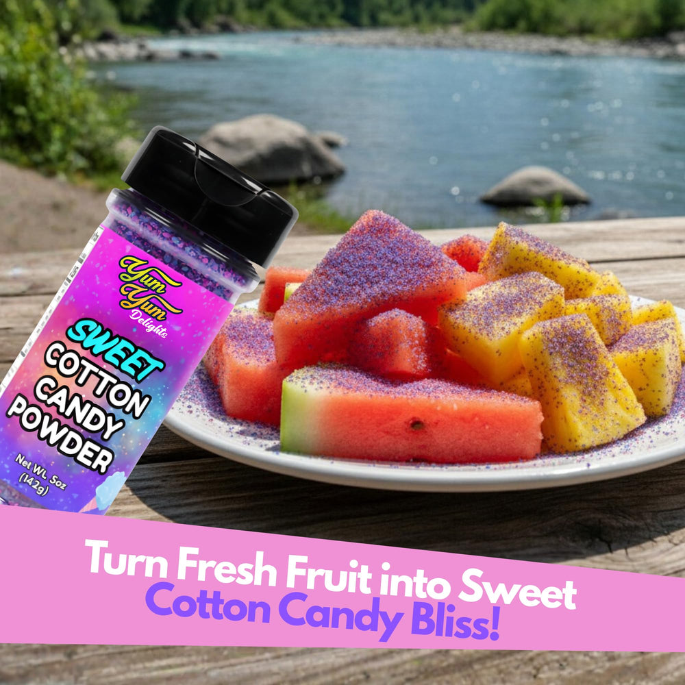 Yum Yum Delights cotton candy powder drizzle on desserts for nostalgic sparkle