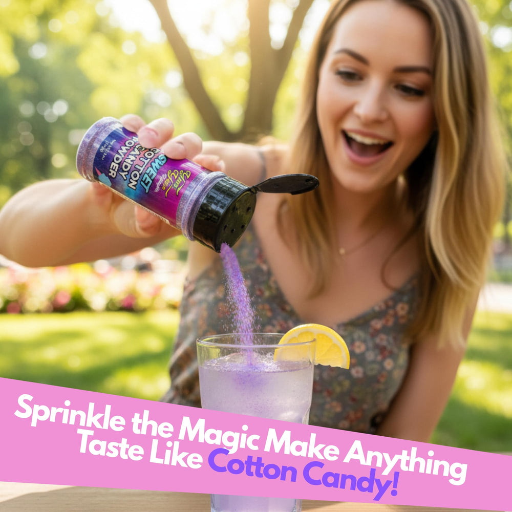 Yum Yum Delights cotton candy powder rim on drinks for festive flair