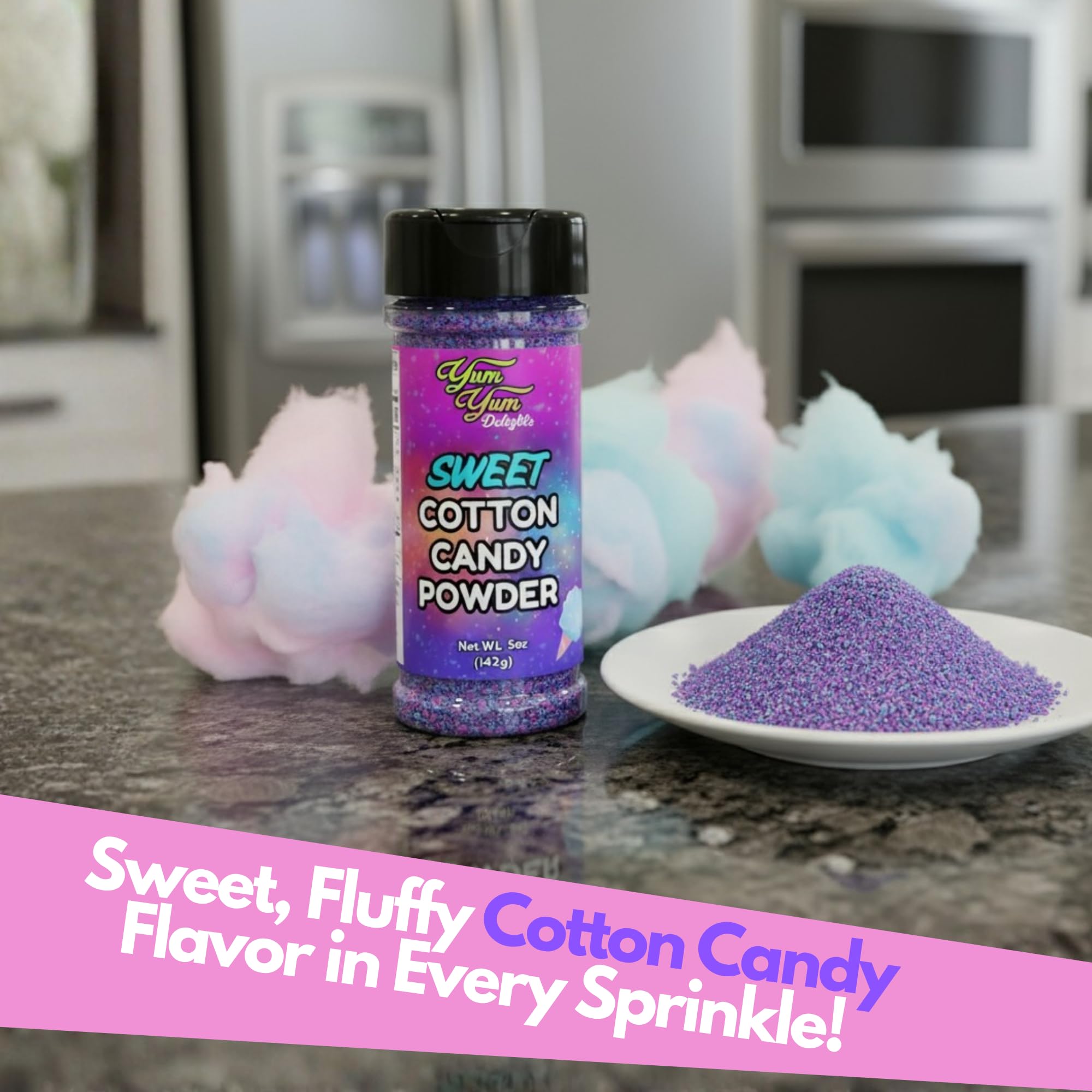 Yum Yum Delights cotton candy powder dusting fruit for playful sweetness