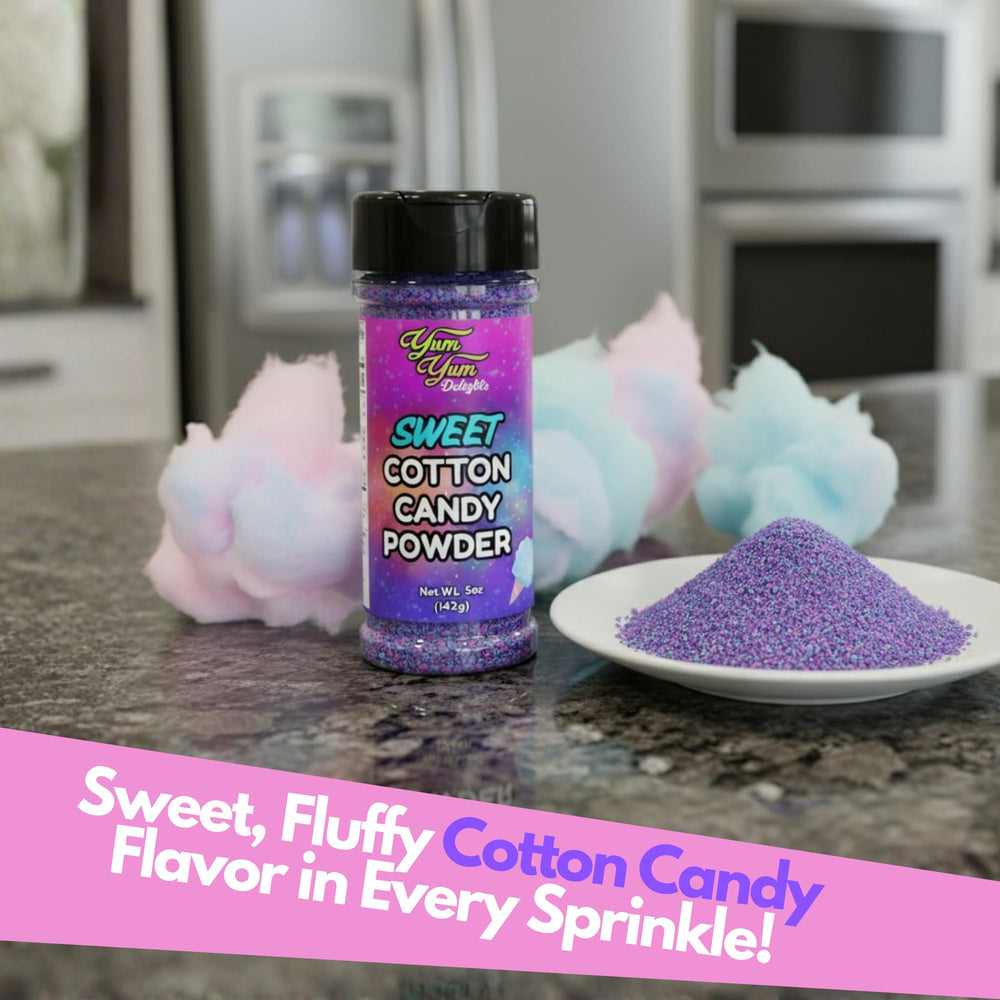 Yum Yum Delights cotton candy powder dusting fruit for playful sweetness