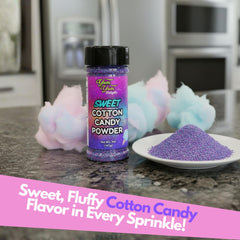 Yum Yum Delights cotton candy powder dusting fruit for playful sweetness