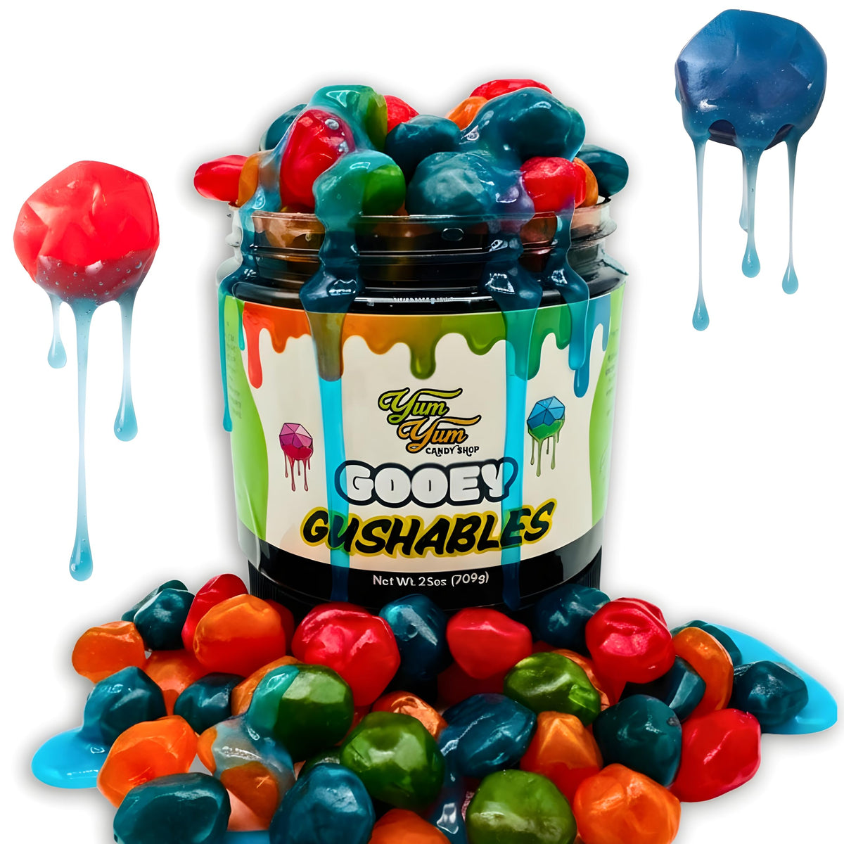 Yum Yum Delights Gooey Gushables jar front, vibrant blue glaze, ideal party snack.