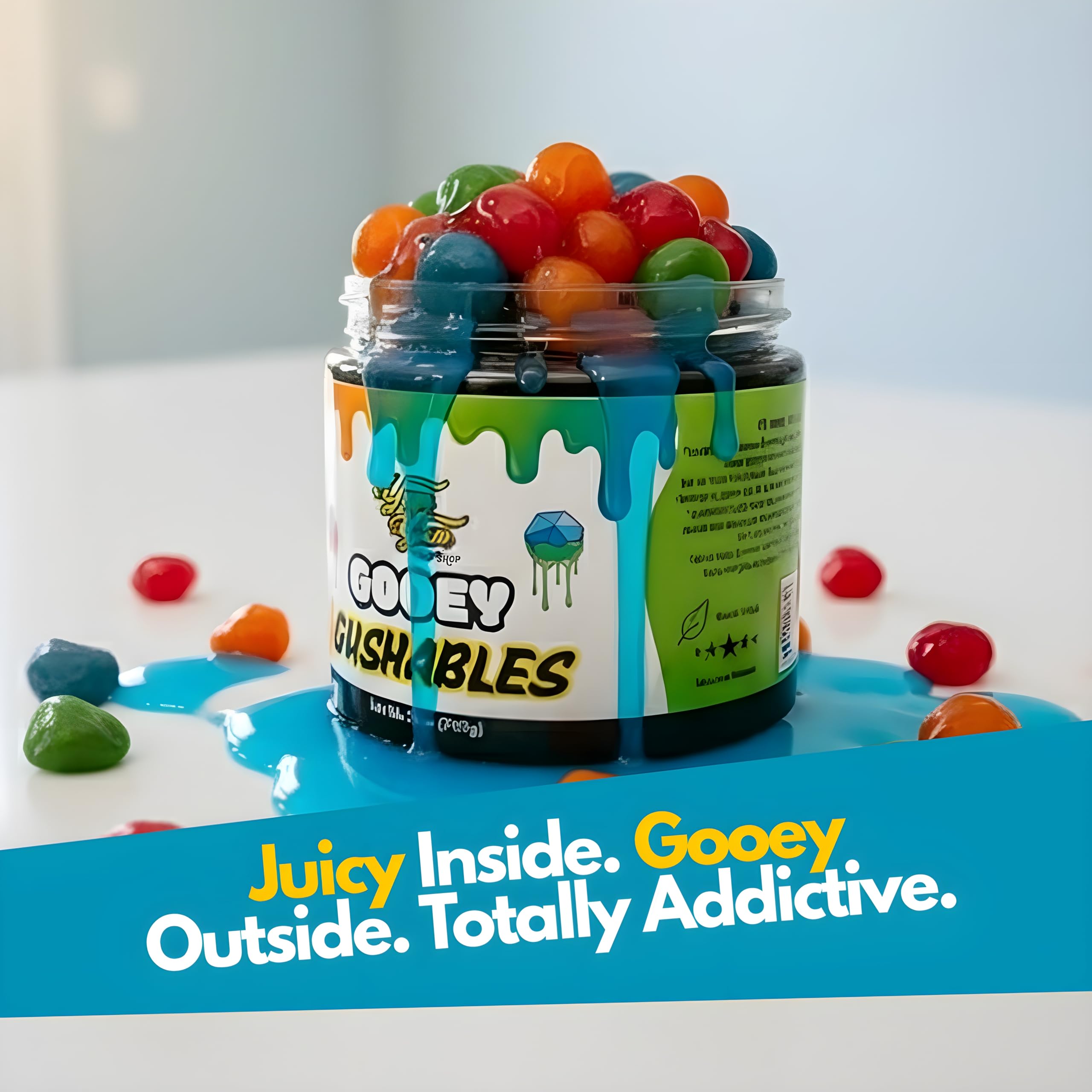 Yum Yum Delights Gooey Gushables held in hand, resealable jar for easy sharing.