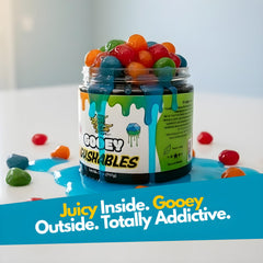 Yum Yum Delights Gooey Gushables held in hand, resealable jar for easy sharing.