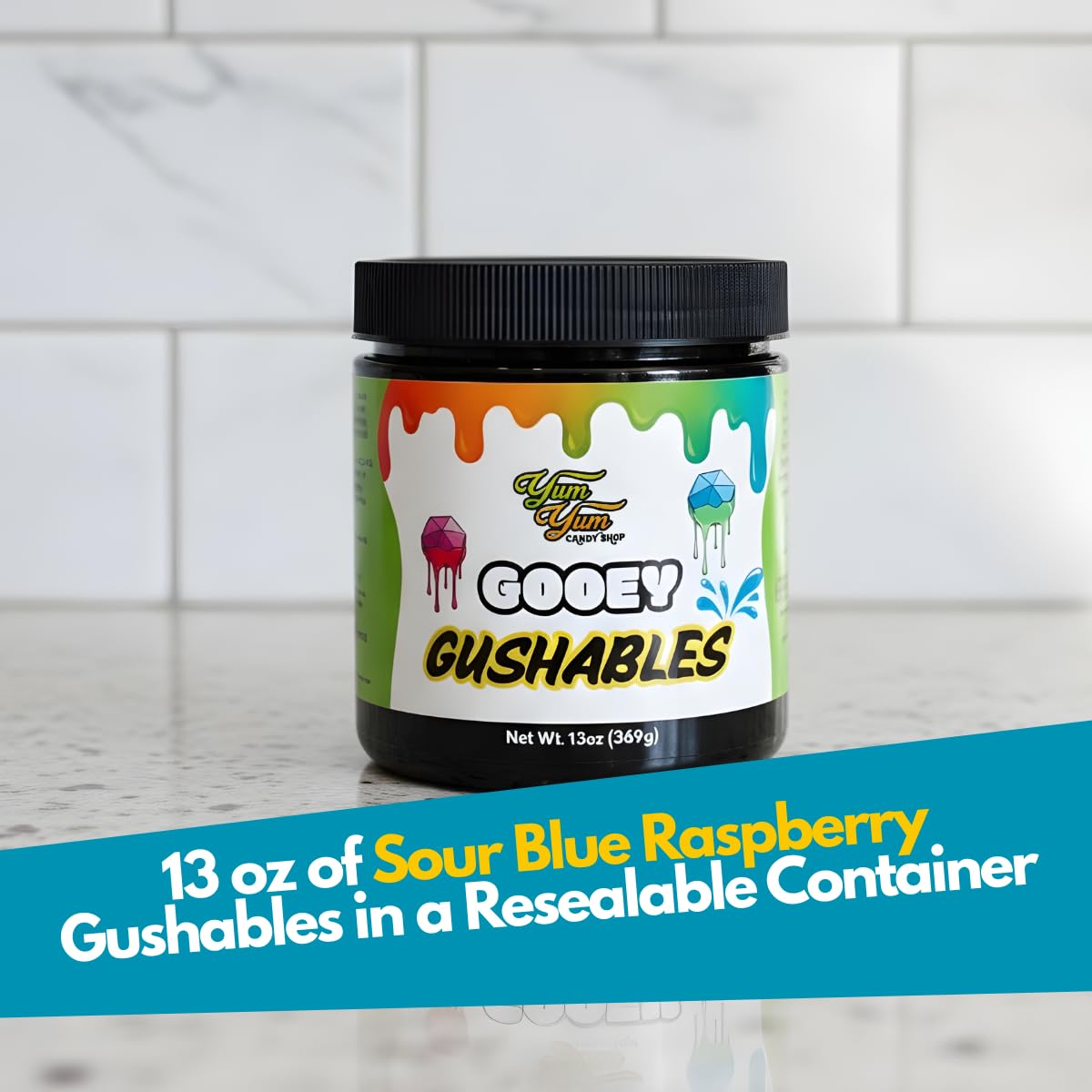 Yum Yum Delights Gooey Gushables party snack table, vibrant treats for guests.