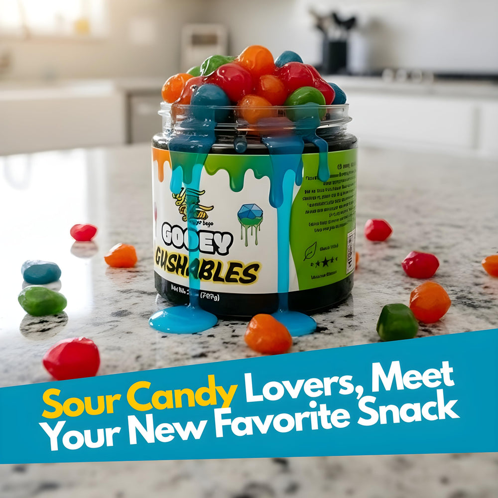 Yum Yum Delights Gooey Gushables resealable jar top, keeps goodies fresh between bites.