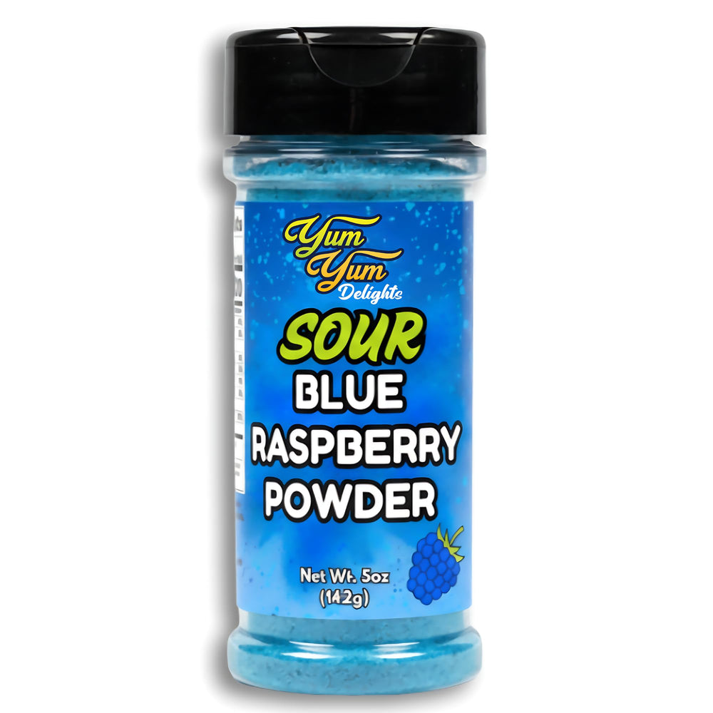 Yum Yum Delights Sour Blue Raspberry Powder bottle pour adds tangy flavor to drinks