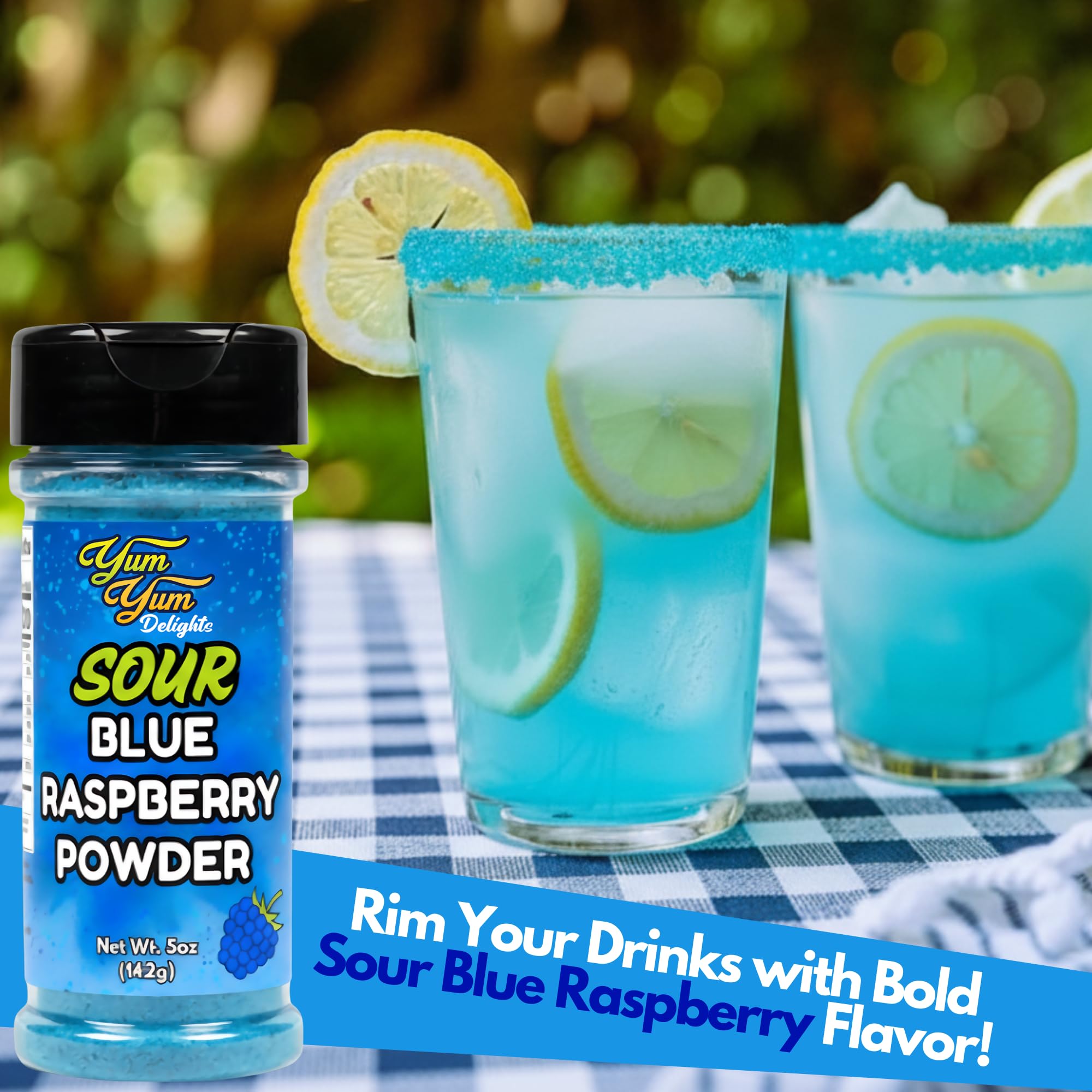 Yum Yum Delights Sour Blue Raspberry Powder drink-rim creates tart drink rims