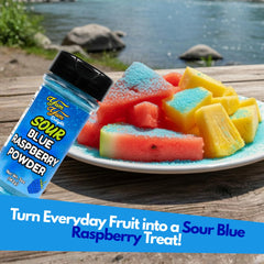 Yum Yum Delights Sour Blue Raspberry Powder fruit-dusting brightens fruit with tang