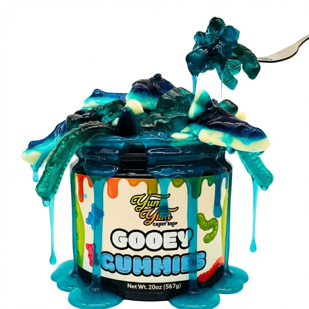 Yum Yum Delights Sour Gooey Gummies with blue raspberry liquid for playful snacking