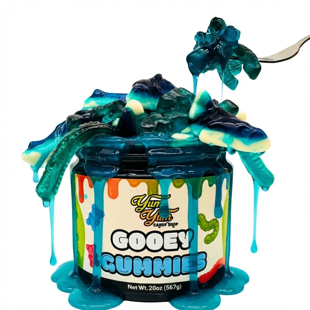 Yum Yum Delights Sour Gooey Gummies with blue raspberry liquid for playful snacking