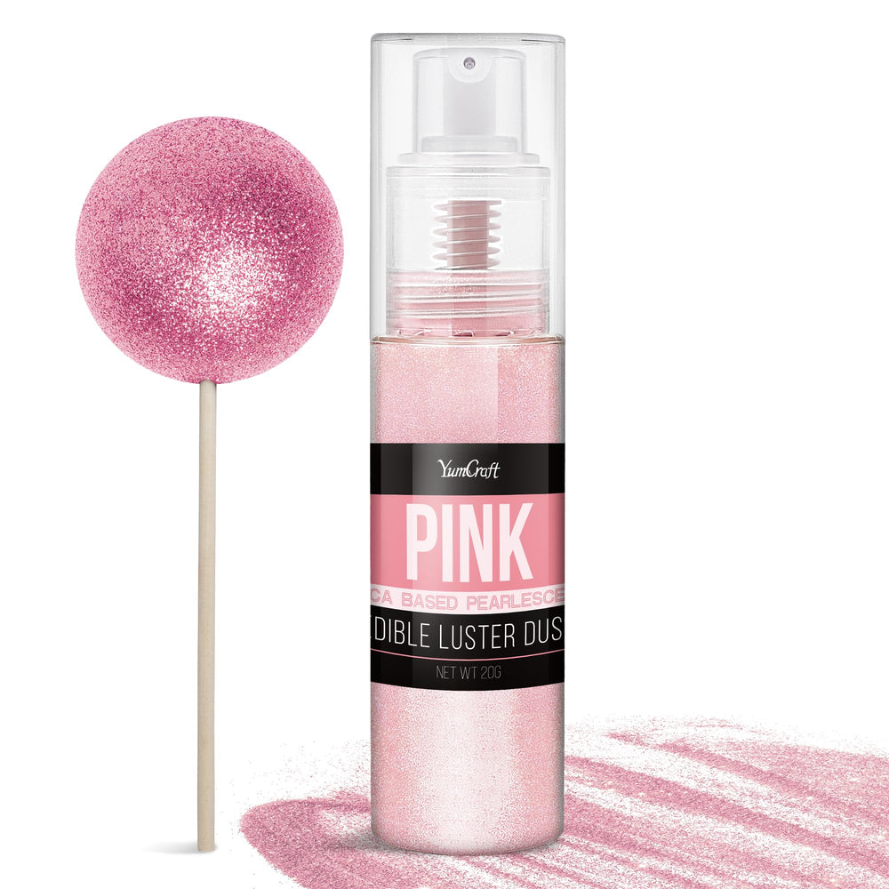 YumCraft edible glitter spray pink bottle adds radiant shimmer to cakes and drinks.