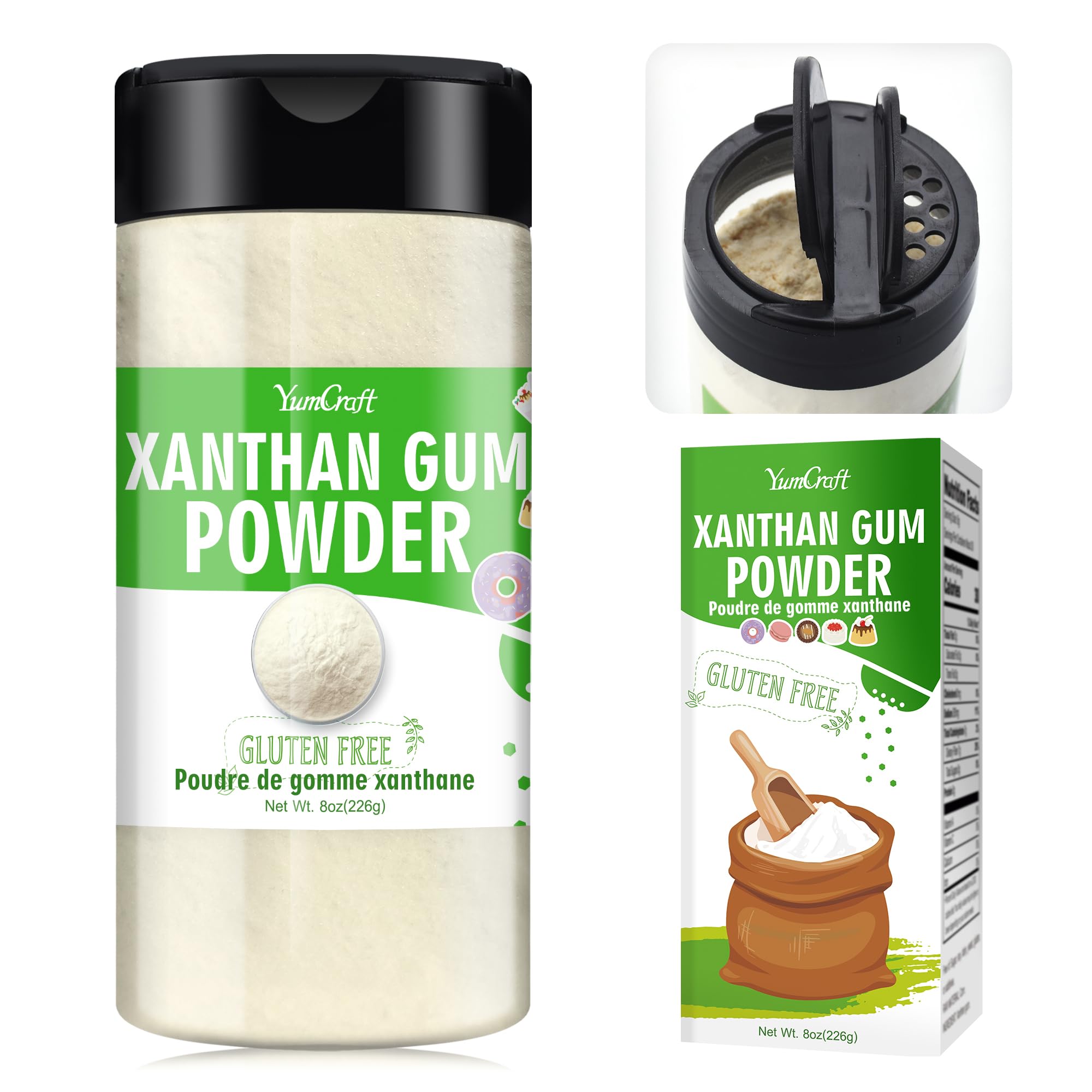 YumCraft Xanthan Gum Powder jar packaging highlights a gluten-free thickener for sauces and desserts.