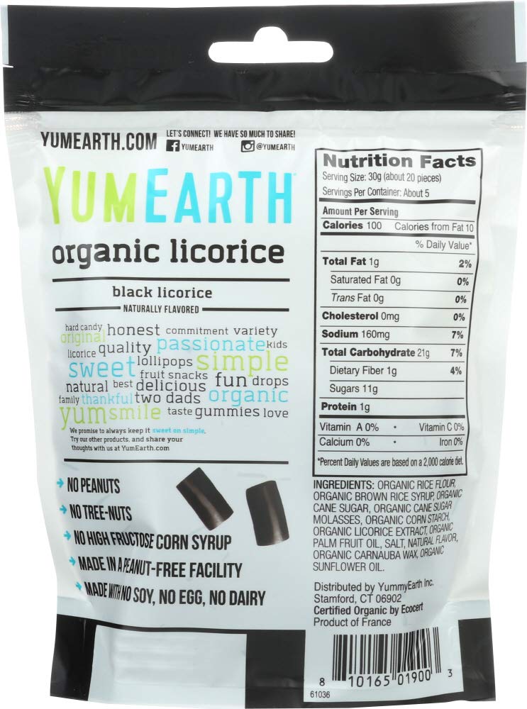 YumEarth black licorice ingredients closeup highlighting organic and non-GMO credentials