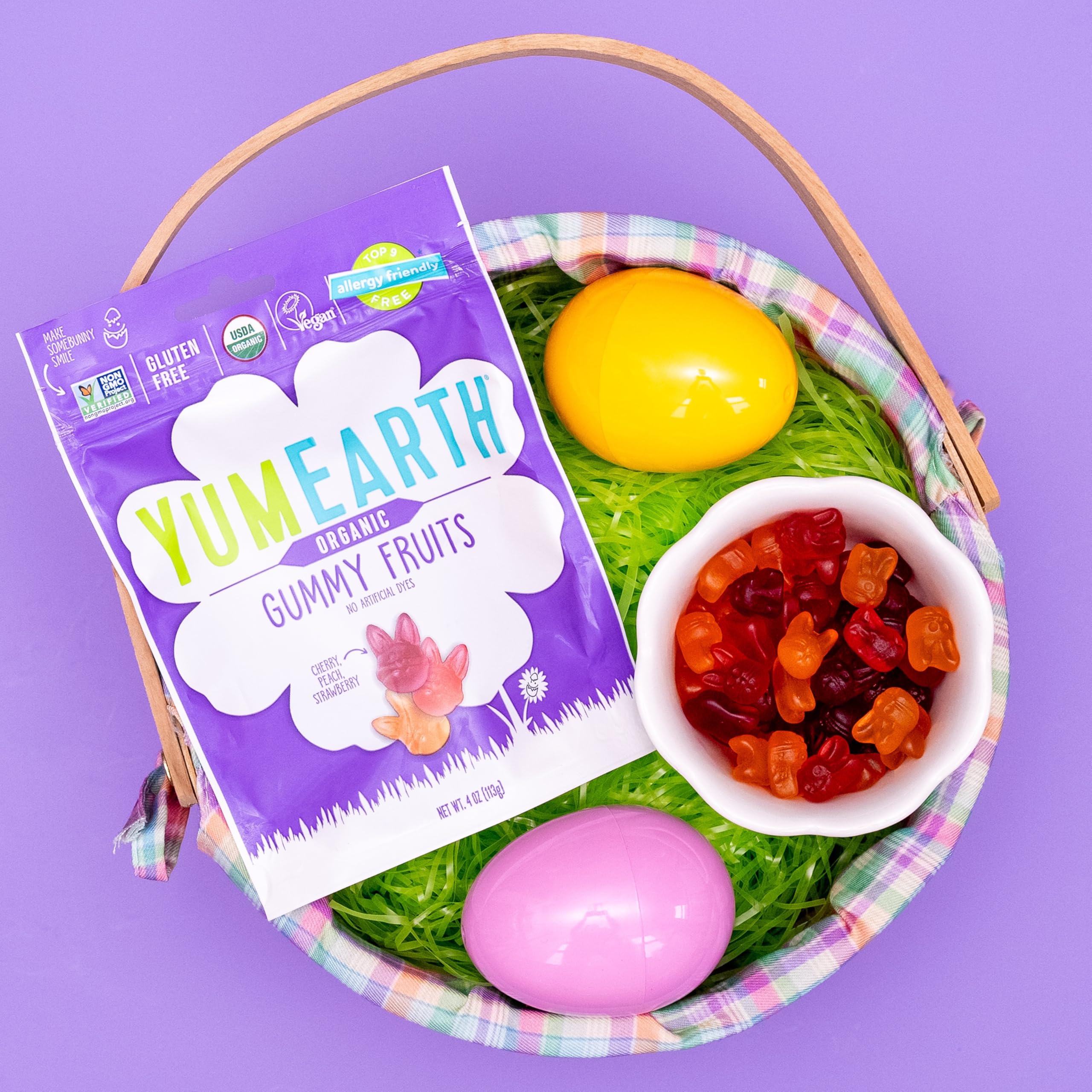 YumEarth Candy Gummy Fruit Easter serving suggestion shows ready-to-share snacks.