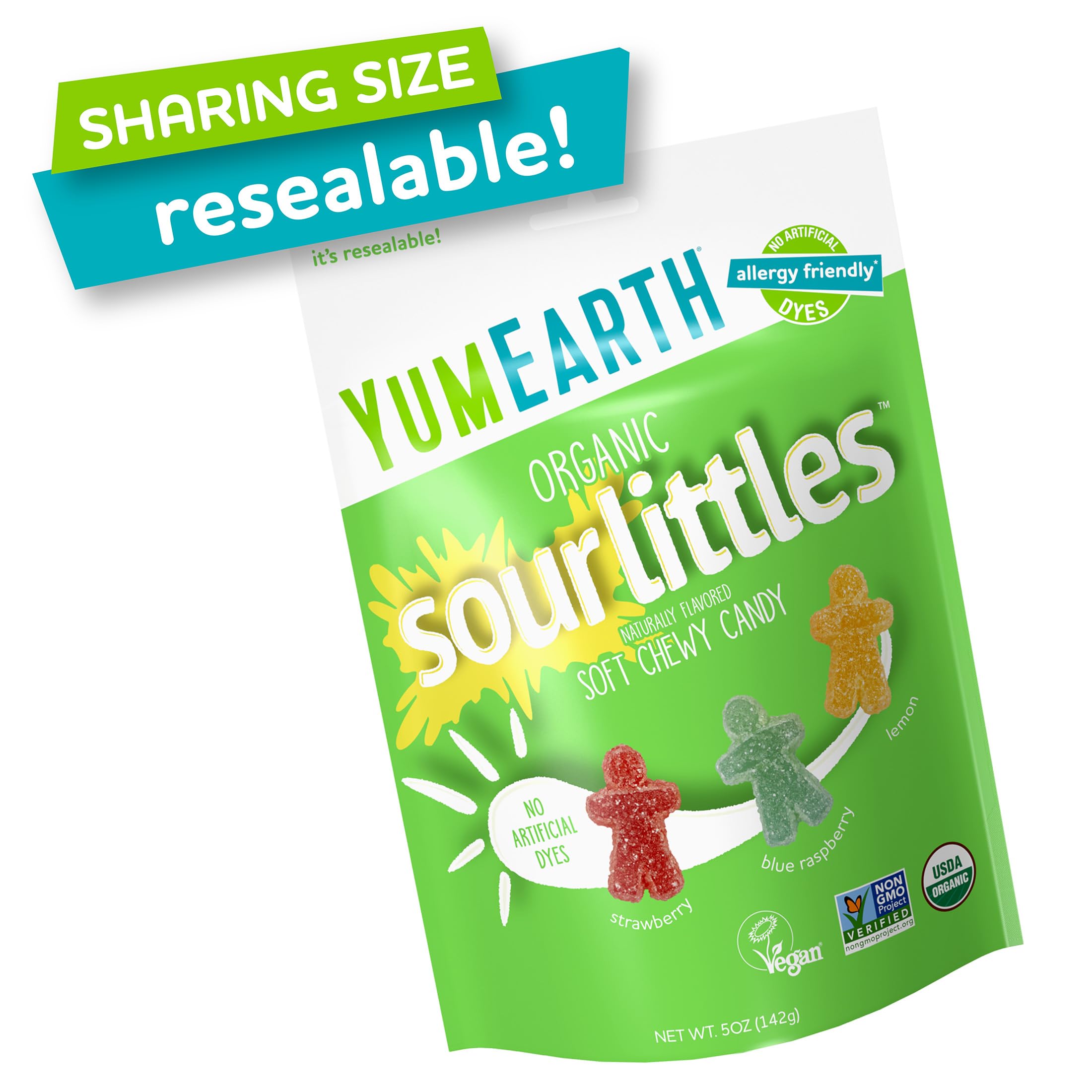 Close-up of YumEarth Littl Sour Candies showing tangy color and bite-sized form