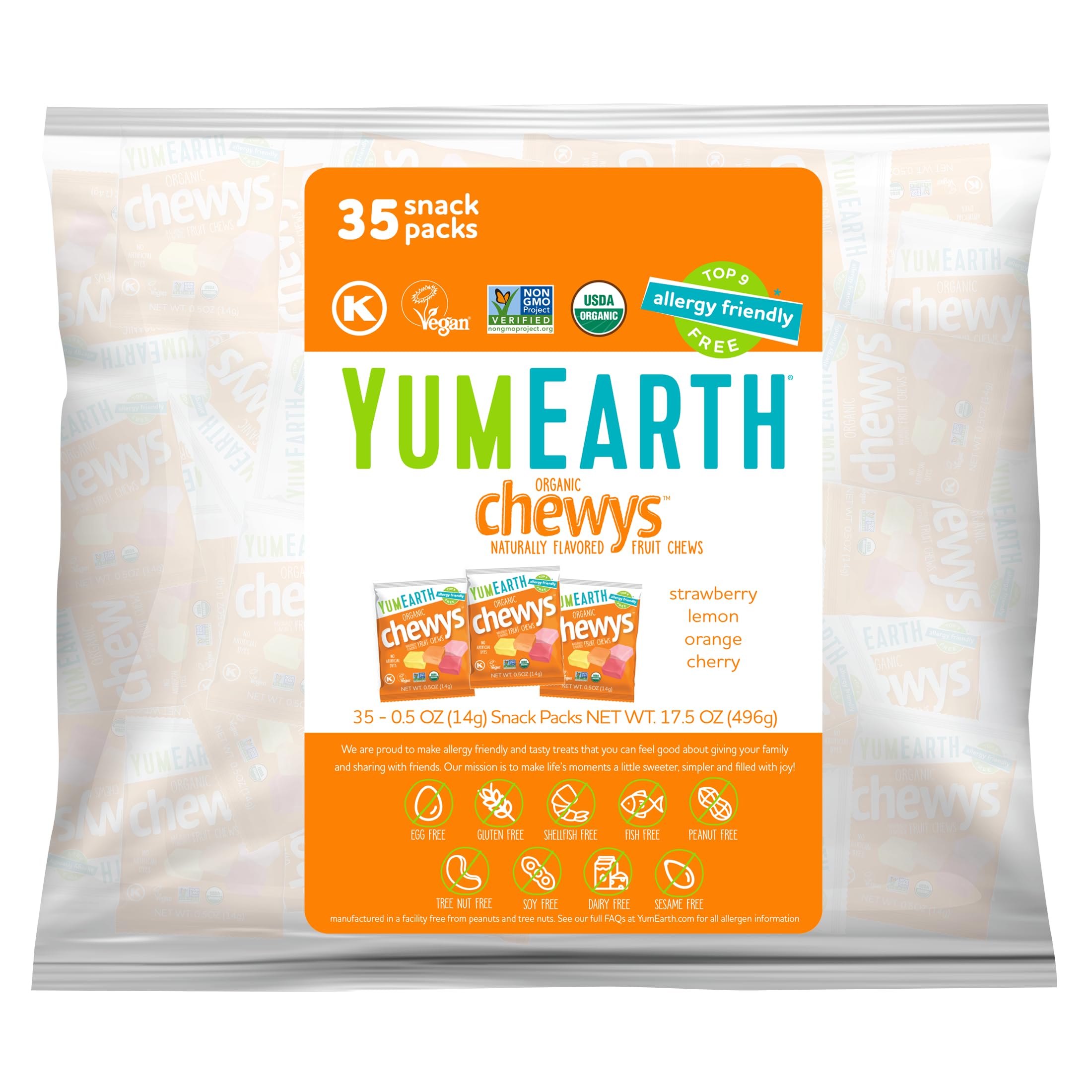 YumEarth Chewys fruit chews in assorted flavors, gluten-free and vegan.