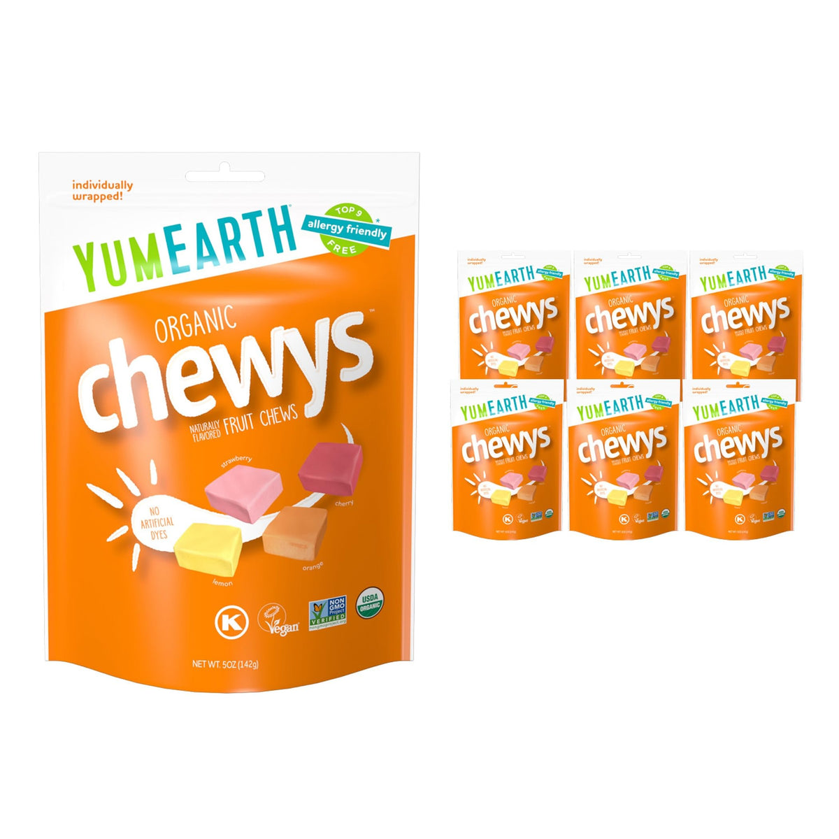 YumEarth Chewys orange front of pack, organic dye-free snack