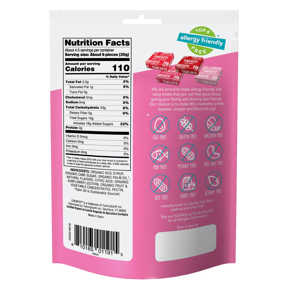 YumEarth Chewys Organic Fruity Reds ingredients panel highlights premium organic flavor base