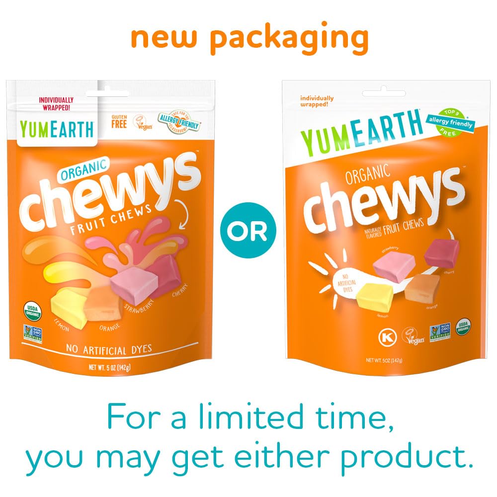 YumEarth Chewys strawberry flavor bag display, vegan and allergen-friendly