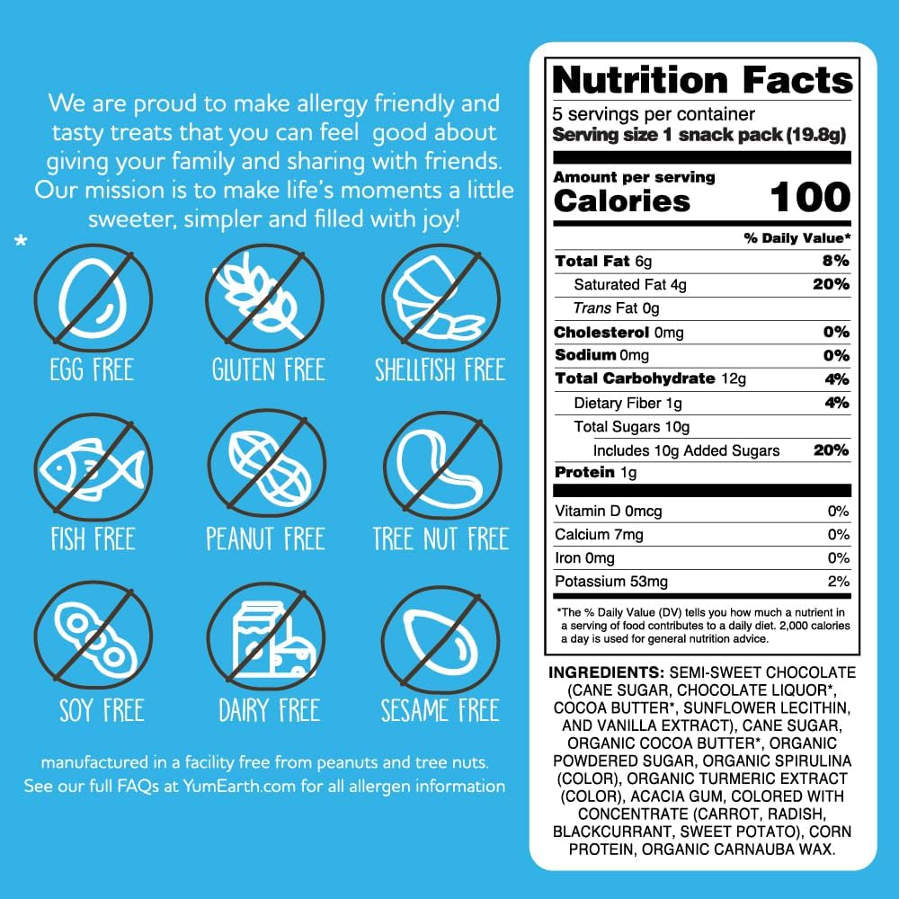 YumEarth Choco Yums pack back with ingredients and allergen information clearly labeled