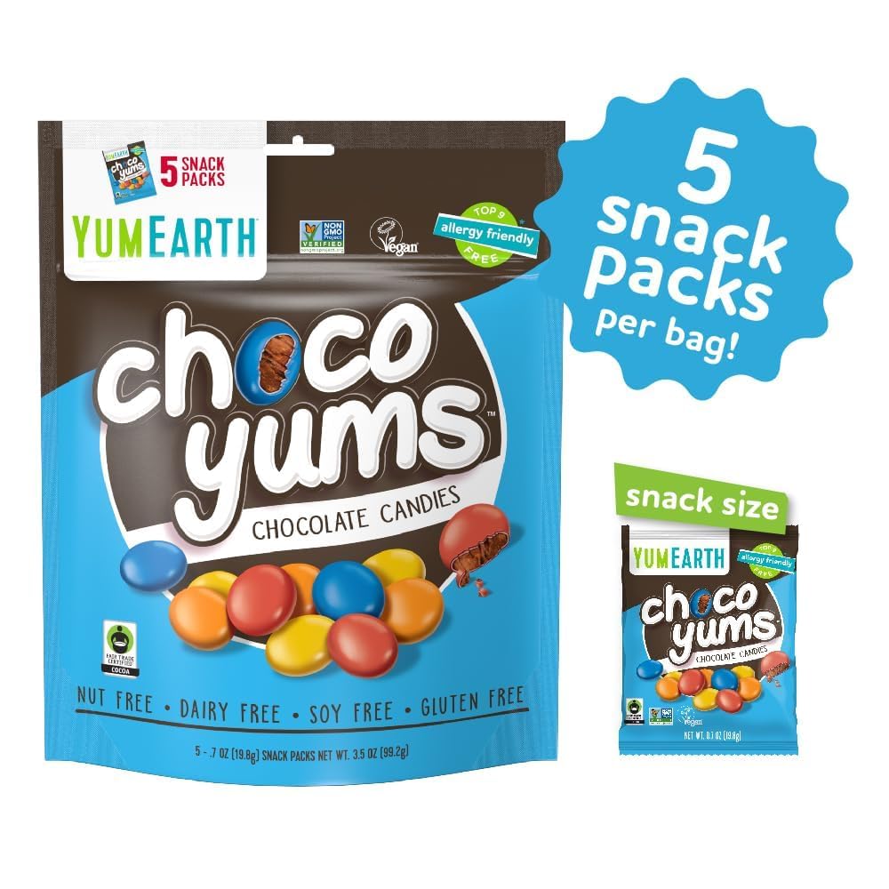 Close-up of YumEarth Choco Yums snack pack texture and chocolate surface