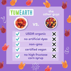 YumEarth no artificial dyes image emphasizing natural color from real fruit and veggie juices