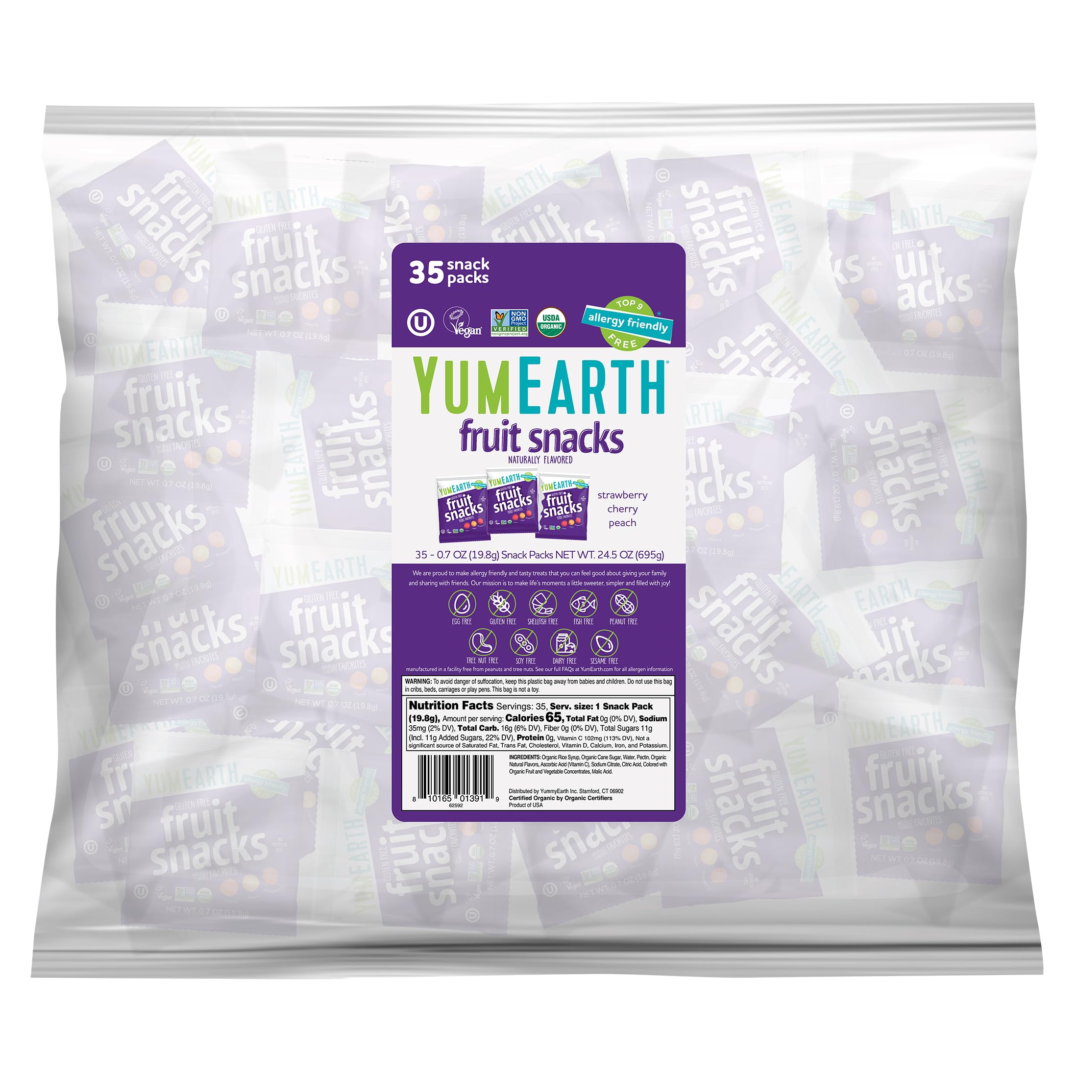 YumEarth Organic Fruit Snacks 35-pack, individually wrapped for convenient lunchboxes.