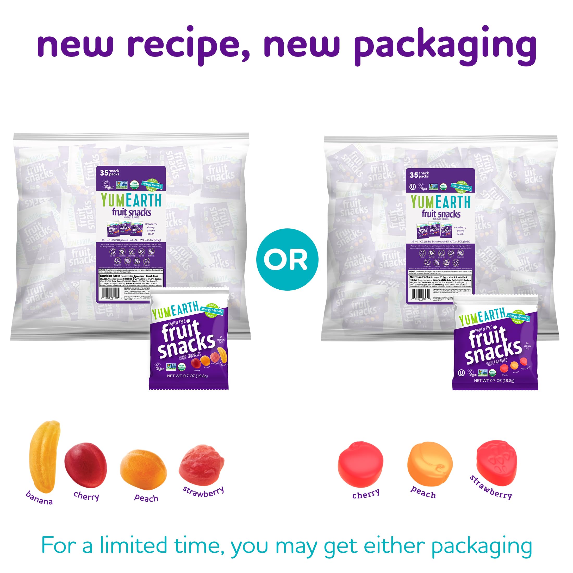 YumEarth assorted flavors: strawberry, cherry, peach for variety.