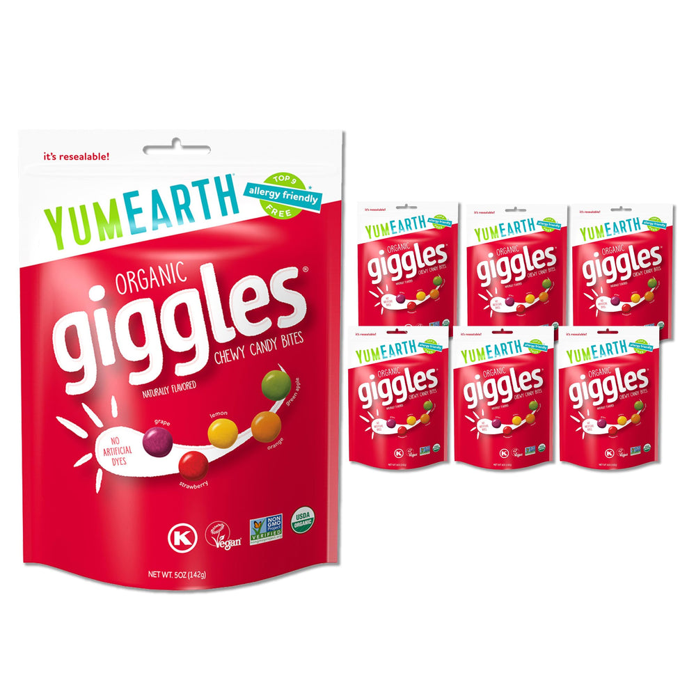YumEarth Giggles bag resealable for fresh, mess-free snacking on the go.