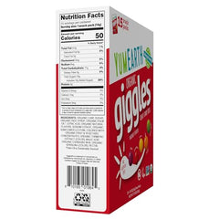 YumEarth Giggles fruity flavors showcase Lemon, Strawberry, Orange, Grape, Green Apple.