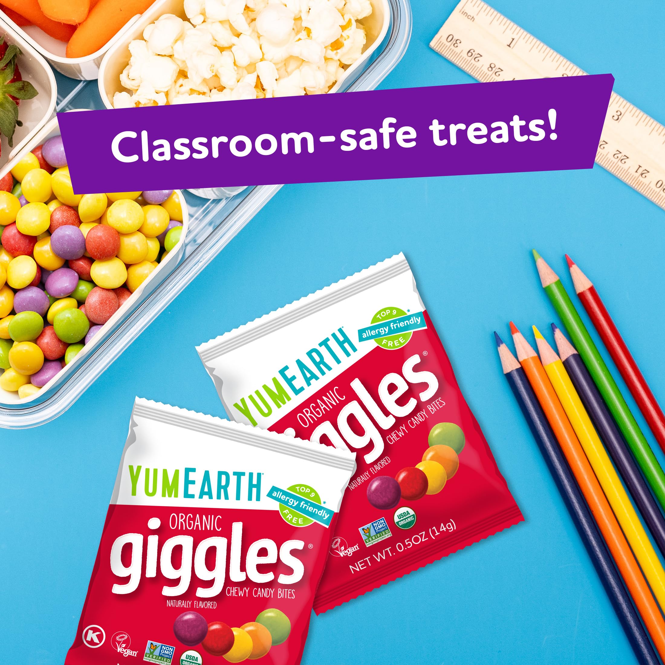 YumEarth Giggles grape flavor closeup, kid-friendly allergen-free treat.