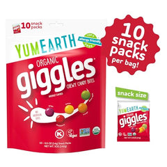 YumEarth Giggles individually wrapped packets, perfect for lunchboxes and snack time.