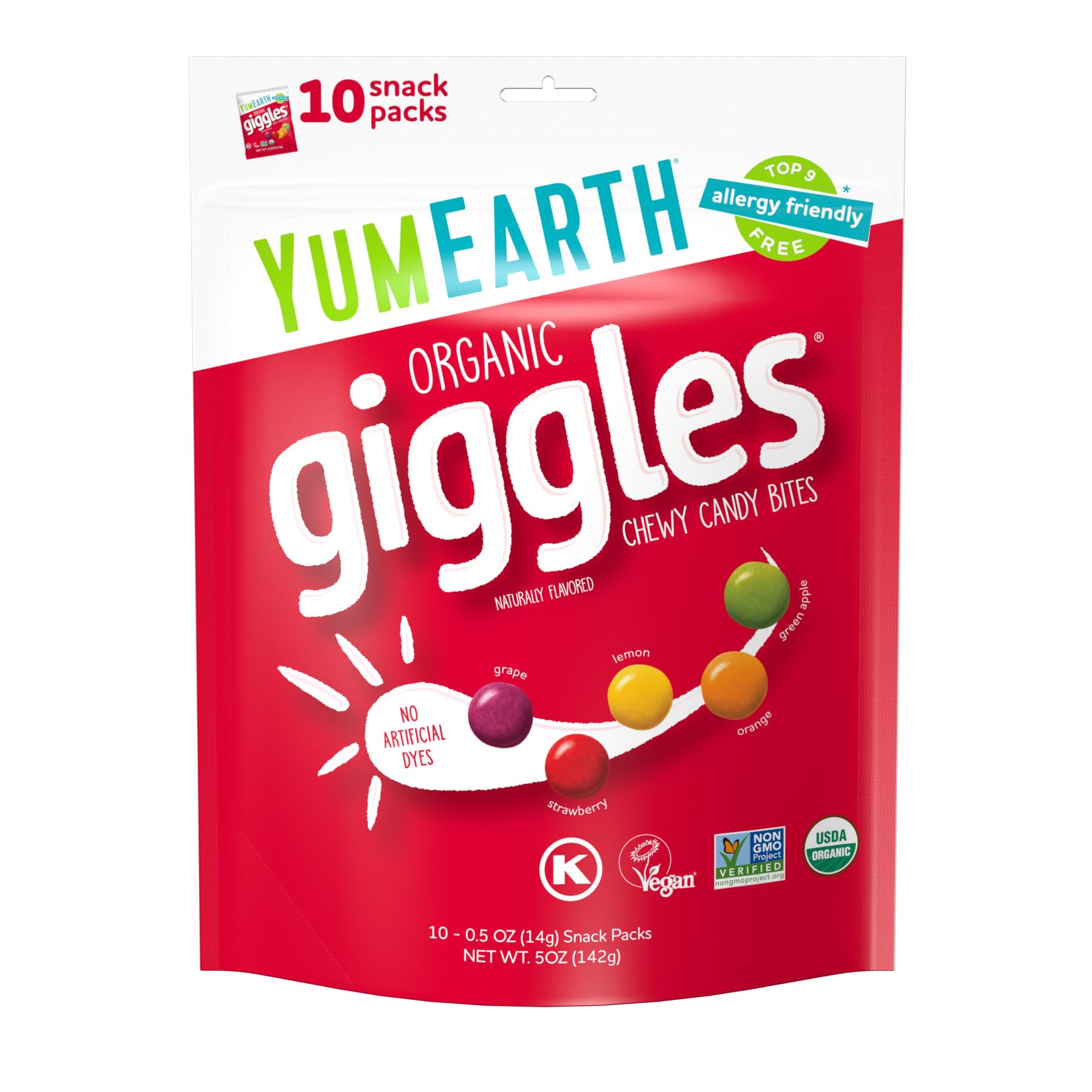 YumEarth Giggles package closeup, highlighting organic, allergen-free candy for on-the-go snacking.