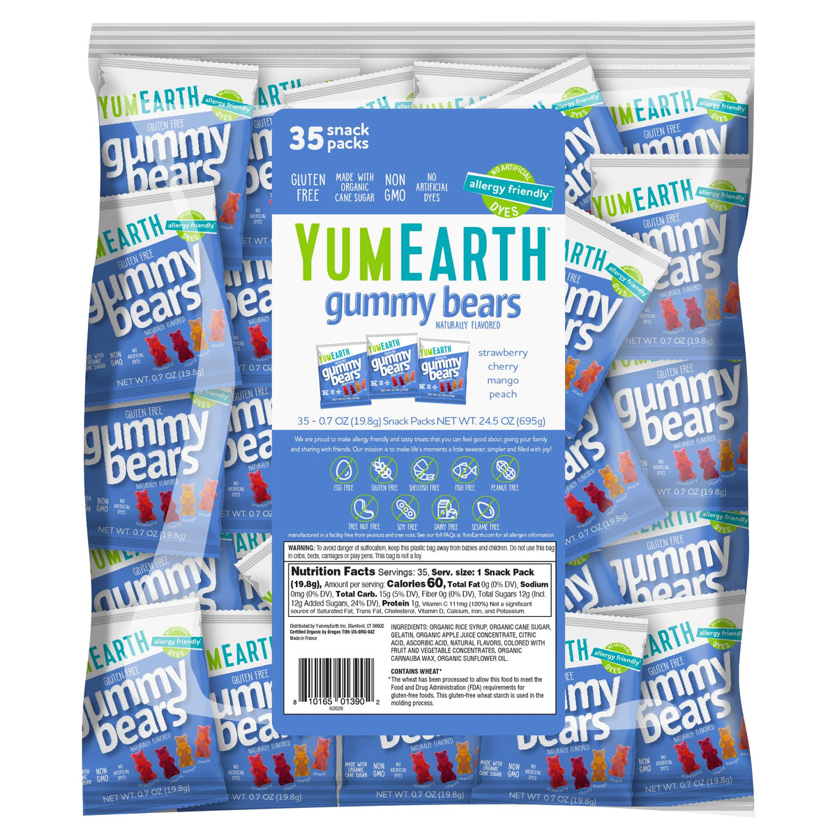 YumEarth Gummy Bears assorted flavors packaging highlights allergy-friendly snack options for kids.