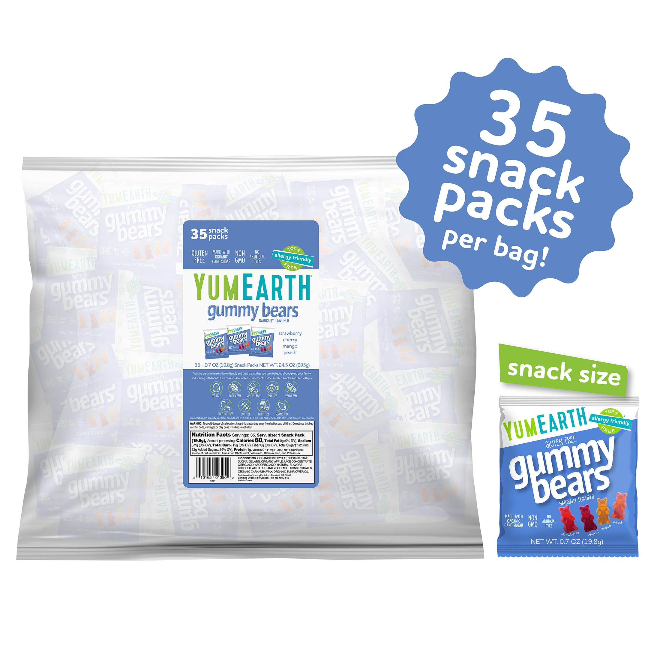 YumEarth Gummy Bears individually wrapped packs for on-the-go lunchbox snacking.
