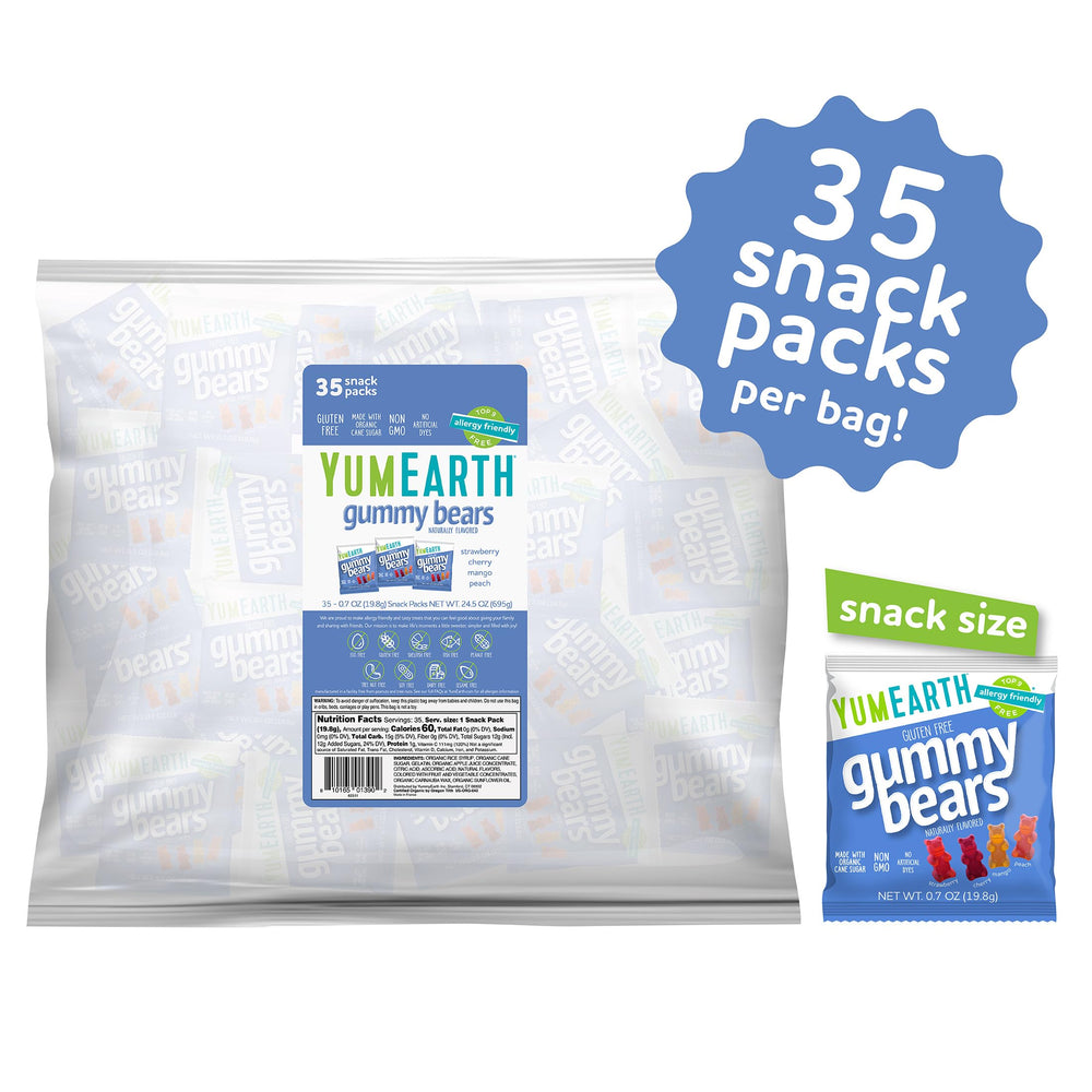 YumEarth Gummy Bears individually wrapped packs for on-the-go lunchbox snacking.